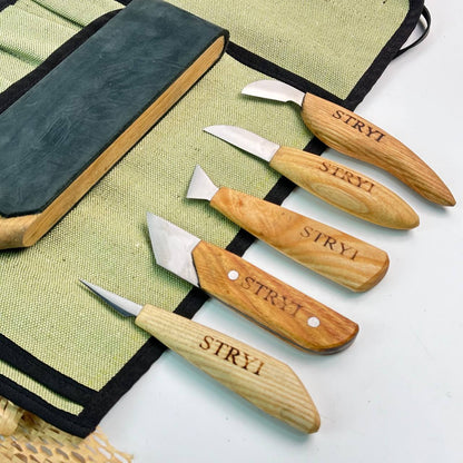 Wood carving knives set 5pcs in tarpaulin case STRYI, Stryi Carving knives