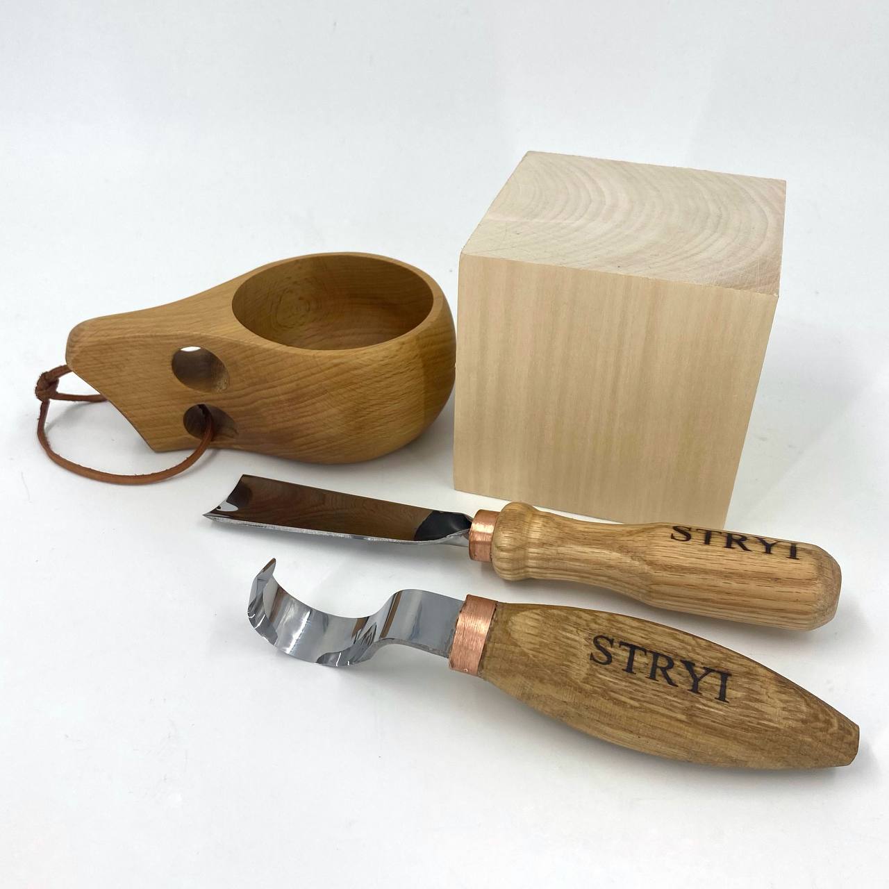 Bowl carving kit for starter STRYI Profi, 2 pcs, with Basswood blank