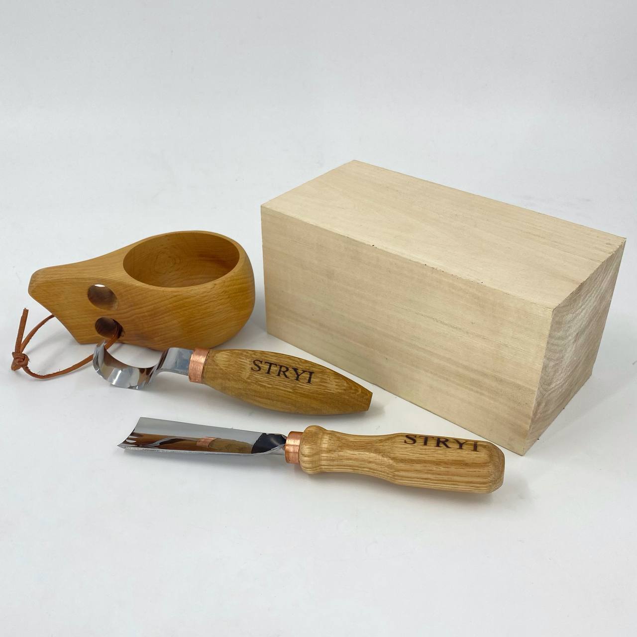 Bowl carving kit for starter STRYI Profi, 2 pcs, with Basswood blank