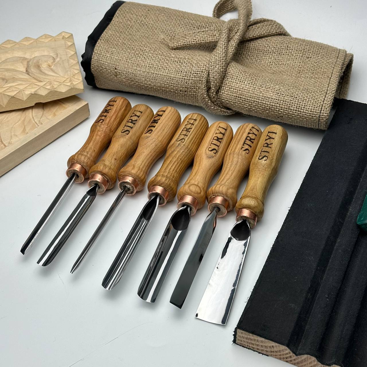 Wood carving kit for relief carving, Gouges set STRYI Profi 7 pcs in canva roll-case