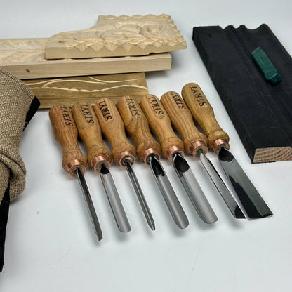 Wood carving kit for relief carving, Gouges set STRYI Profi 7 pcs in canva roll-case