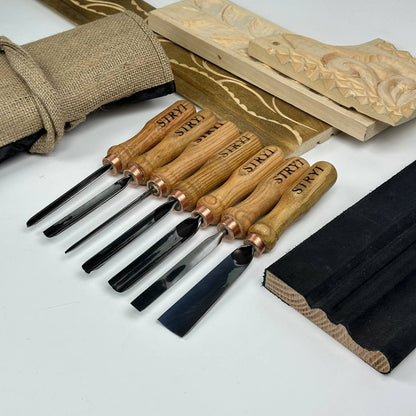 Wood carving kit for relief carving, Gouges set STRYI Profi 7 pcs in canva roll-case