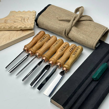 Wood carving kit for relief carving, Gouges set STRYI Profi 7 pcs in canva roll-case