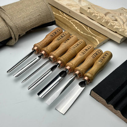 Wood carving kit for relief carving, Gouges set STRYI Profi 7 pcs in canva roll-case