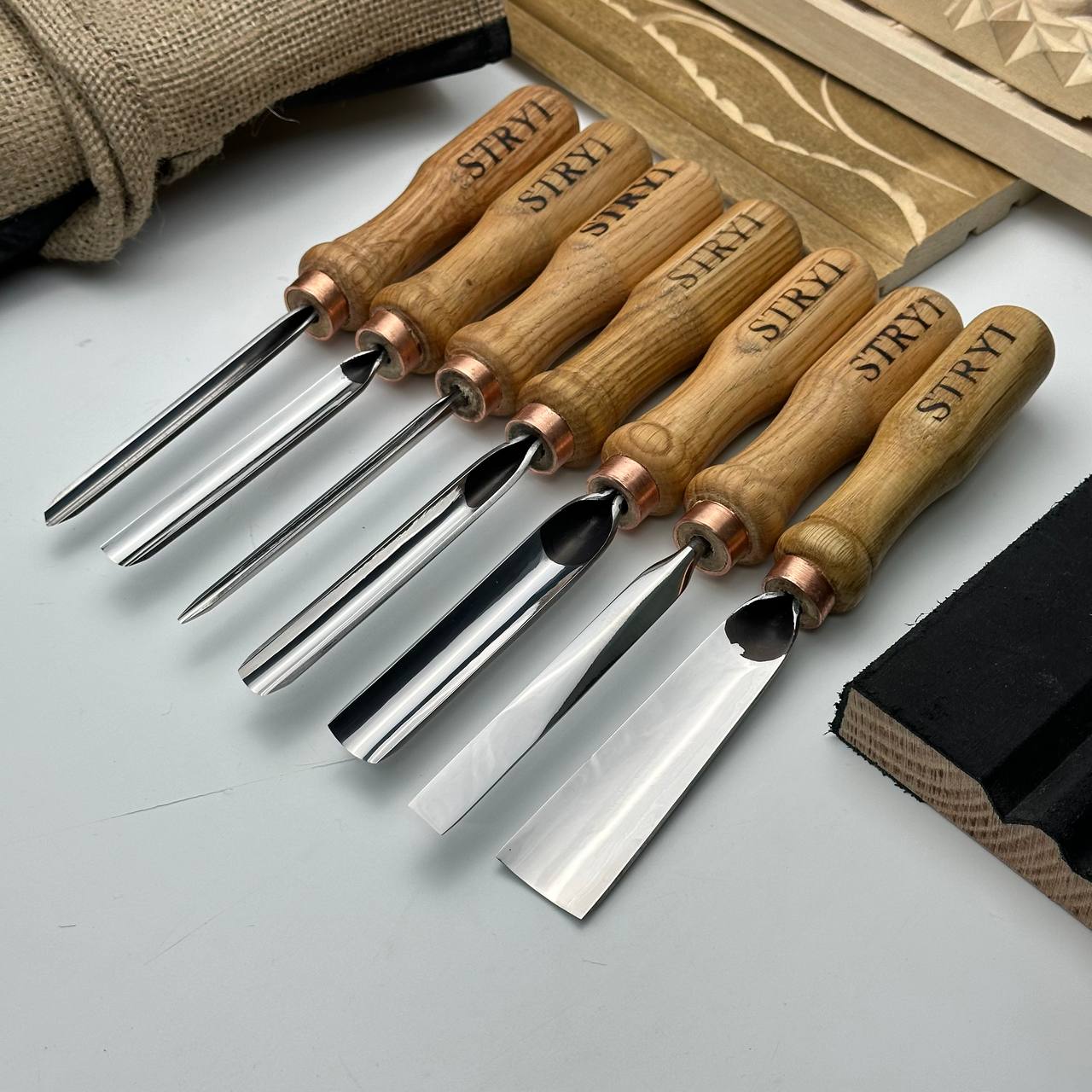 Wood carving kit for relief carving, Gouges set STRYI Profi 7 pcs in canva roll-case