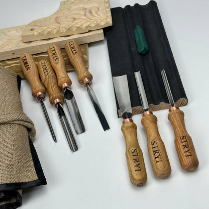 Wood carving kit for relief carving, Gouges set STRYI Profi 7 pcs in canva roll-case