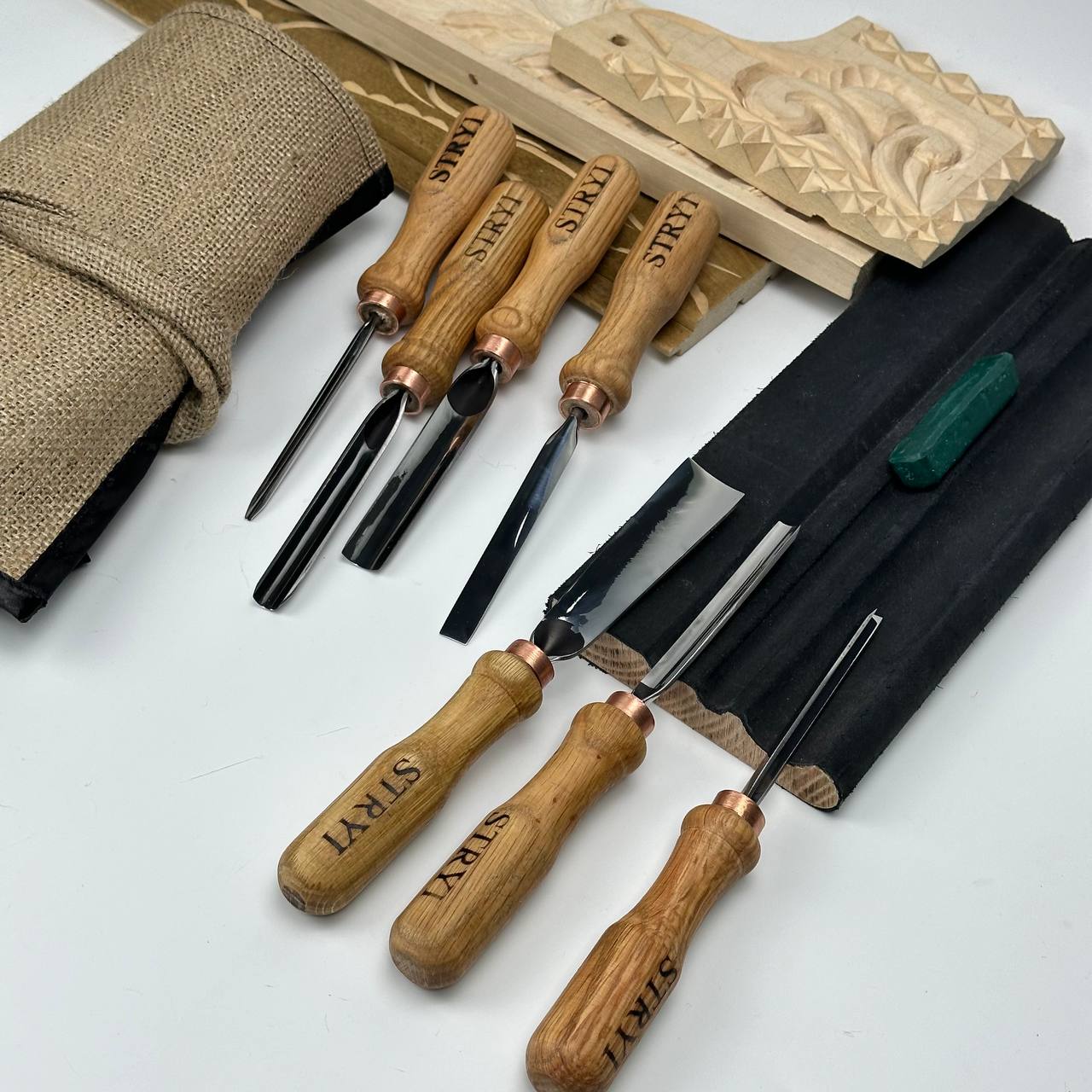 Wood carving kit for relief carving, Gouges set STRYI Profi 7 pcs in canva roll-case