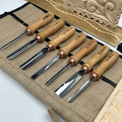 Wood carving kit for relief carving, Gouges set STRYI Profi 7 pcs in canva roll-case